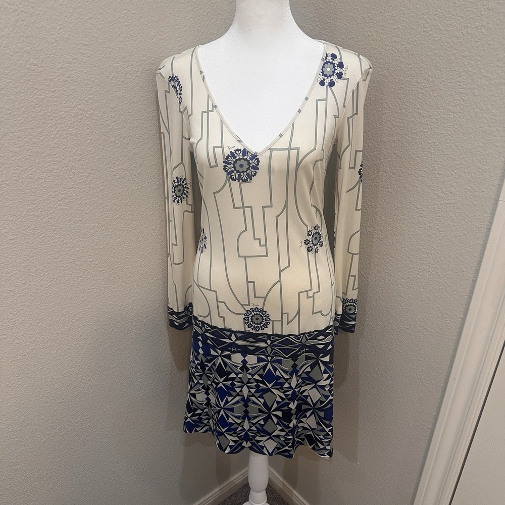 Emilio Pucci Geometric Silk Jersey Dress IT40 US6 Cream Blue‎ Tunic Sheath